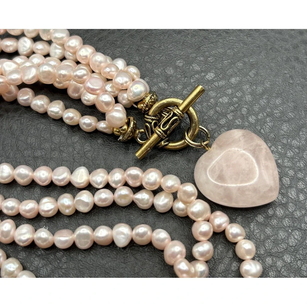 Multi Strand Rose Quartz Heart Pendant Pink Pearl Beaded Necklace Toggle Clasp